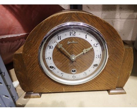 Oak cased Westminster chime mantle clock. Not available for in-house P&amp;P 