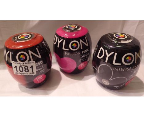Three Dylon All in One fabric dyes, black, pink and red. P&amp;P Group 1 (£14+VAT for the first lot and £1+VAT for subsequent