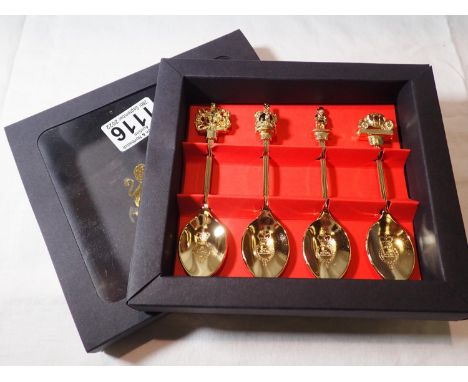 The Royal Collection of four 22ct gold finished teaspoons. P&amp;P Group 1 (£14+VAT for the first lot and £1+VAT for subseque