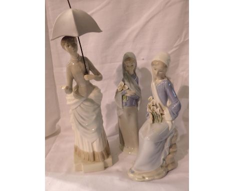 Two Lladro and one Nao figurines, largest H: 30 cm. Not available for in-house P&amp;P 