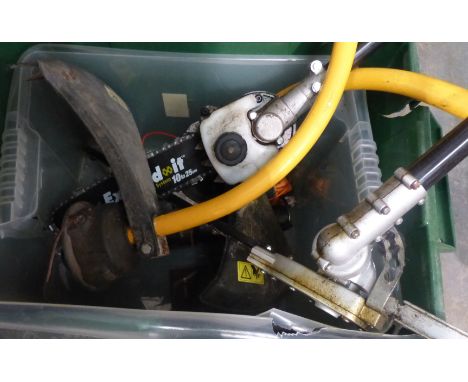 Collection of garden multi tool attachments including a chainsaw. Not available for in-house P&amp;P 