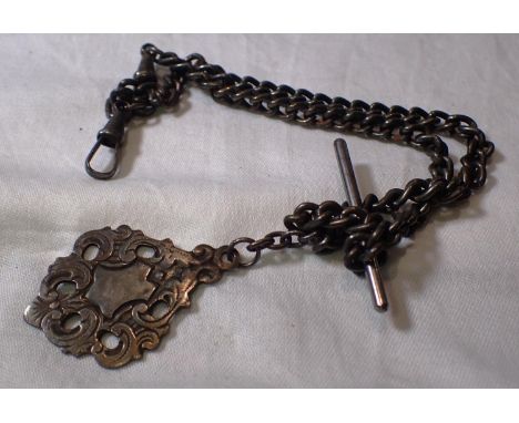 White metal watch chain with T bar and fob. P&amp;P Group 1 (£14+VAT for the first lot and £1+VAT for subsequent lots) 