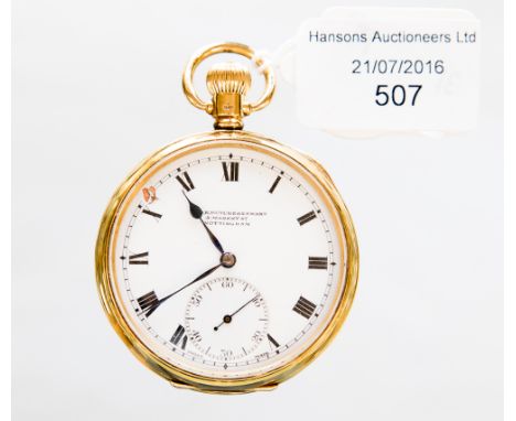 An 18 ct gold gentlemen's pocket watch, Butcher & Swann, Nottingham, enamel dial (a/f), Swiss, with subsidiay dial