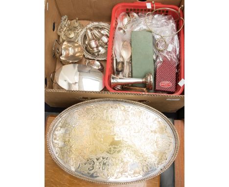 A box of EPNS including silver plated tray, cut glass cruet set, flatware etc