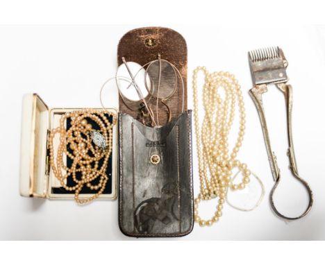 A leather case with Victorian 9 ct gold framed spectacles and pinz nez, together with army (19th Century) hair clippers and t