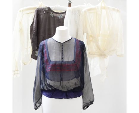 A grey silk blouson top 1920s with an unusual butterfly decoration around hemline and neckline together with a navy chiffon 1