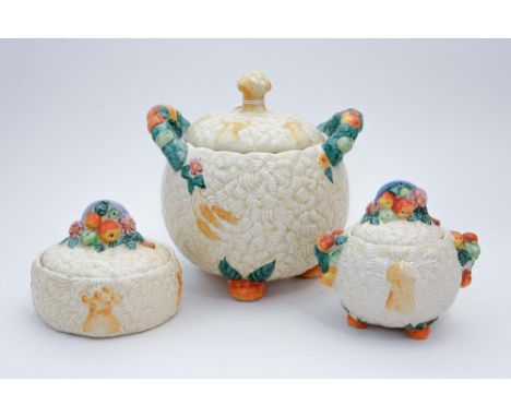 Clarice Cliff for Newport Pottery, 'Celtic Harvest' biscuit barrel, preserve pot and marmalade (3)