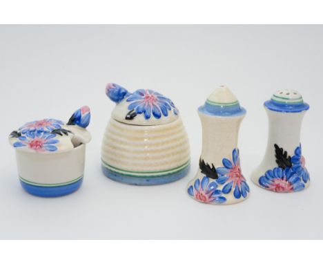 Clarice Cliff for Newport Pottery a blue set and small beehive honey pot 