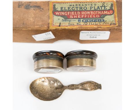 A silver caddy spoon; and a pair of tortoiseshell topped jars