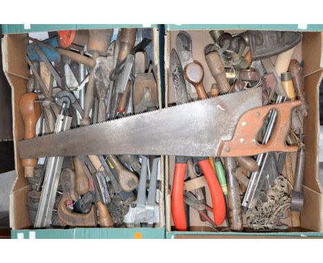 Two boxes of tools, including saws, planes, castors, chisels, etc (2 boxes)