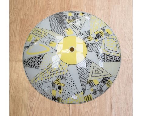 A circa 1940s glass ceiling light, (no fixings) decorated with yellow and black geometric pattern