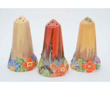 Clarice Cliff for Wilkinson, three 'My Garden Delecia' sugar shakes, various colours some (a/f) (3) 