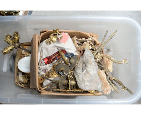 A box of light fittings in gilt metal, plaster mouldings, etc