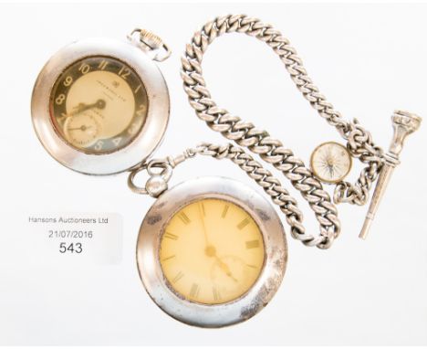 A cased silver hunter with white metal chain, compass style fob, and white metal key set with faceted yellow stone, with a ca