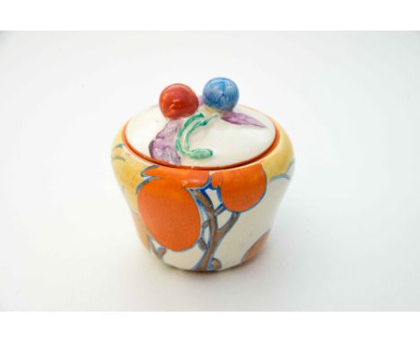 Clarice Cliff for Newport Pottery, an 'Orange Autumn' preserve pot, ogee form, Bizarre marks