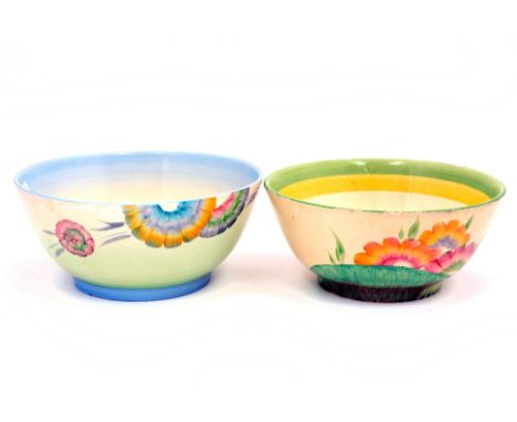 Clarice Cliff for Newport, a 'Blue Aurea' bowl, Bizarre marks, 21 cm diameter, together with a Wilkinson 'Honeydew' bowl, gil