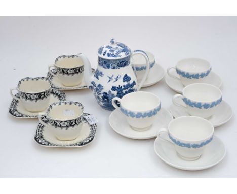 Wedgwood 'Willow' coffee pot, embossed Queensware cups and saucers and 1920s Woods ware 'Kendal' cups and saucers