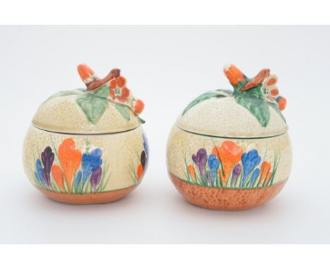 Clarice Cliff for Newport Pottery, two 'Crocus' marmalade pots, orange form (2)