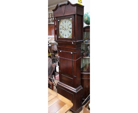 A George III oak and mahogany eight day longcase clock, c. 1815, the hood with a swan-neck pediment, the glazed door opening 