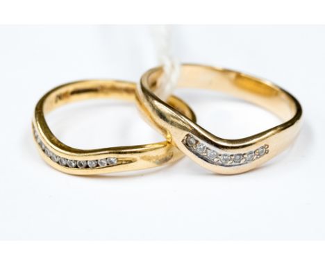 Two diamond set 9ct.gold shaped band rings, approx. gross weight 5.9 grms, ring size Q and R 