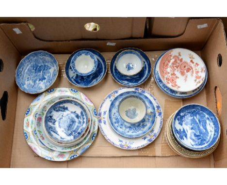 A collection of Spode, various tea bowls and saucers to include 'Buffalo' pattern, 'Two Temples', 'Pearl River House', 'Fence