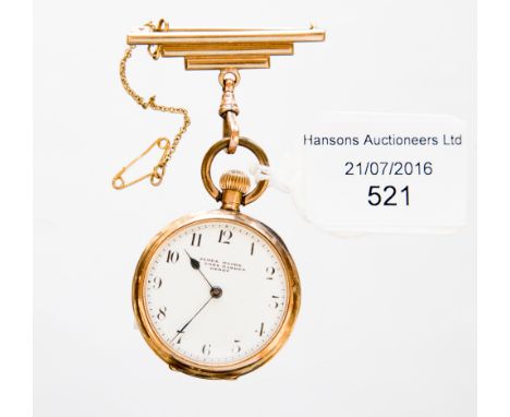 A 12 ct gold cased Derby fob watch, the white enamel dial inscribed 'James Moore' suspended on Art Deco geometric pin stamped