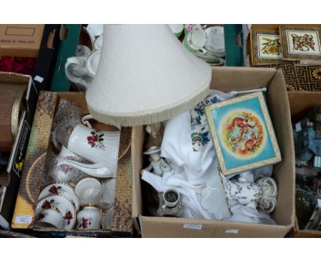 Two boxes of assorted ceramics to include Masons, Nao figural lamp, Lubern tea service, Royal Winston etc (2)