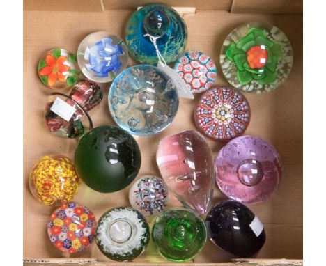 Large collection of assorted paperweights, comprising, two Caithness paperweights in blue entitled 'Seadance' and 'Whirlygig'