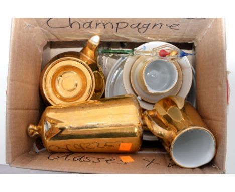 A small collection of Royal Worcester gold teaware and two Murano style glass figures (1 box)