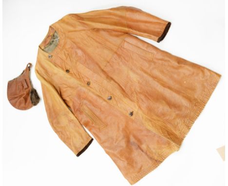 A leather helmet trimmed with fur and a leather motorbike coat from World War I 