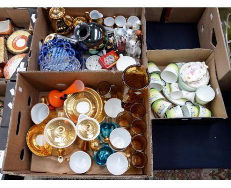 Three boxes of ceramics to include late 1920s tea service, Royal Crown Derby 'Posies', Royal Albert, Royal Worcester gold lus