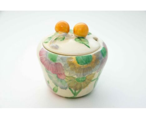 Clarice Cliff for Wilkinson, a 'Pink Pearls' preserve pot, ogee form, Bizarre marks