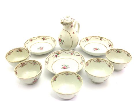 A Chinese Qianlong export porcelain part tea set, comprising cream jug and cover, five tea bowls and three saucers, painted i