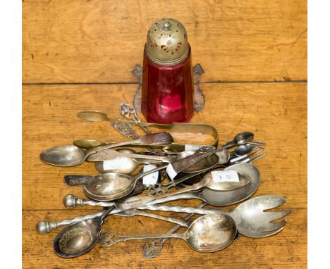 Silver flatware, cranberry glass sifter, etc (19)