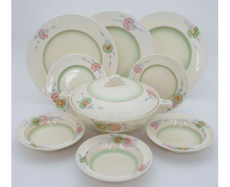 Clarice Cliff for Newport Pottery a Sundew / 'Honeydew' variant tureen and three dinner plates, bowls and side plates (9)