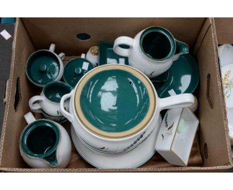 A Denby 'Greenwheat' part dinner service, to include tureens and tea and coffee pots, plates etc (1 box)