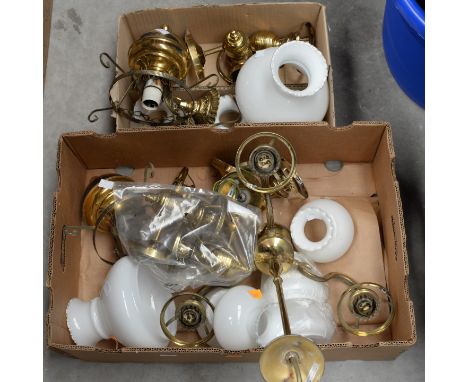 Two boxes of ceiling and hall light fixtures, glass globes burnished antique brass effect