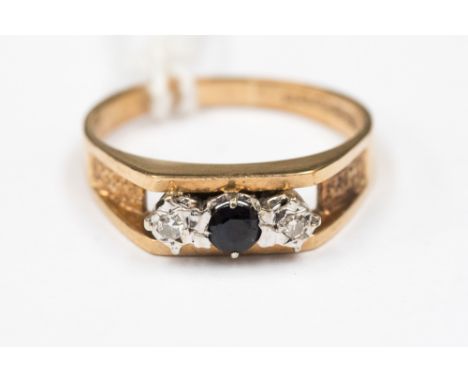 A 9 ct yellow gold sapphire and diamond three stone ring, approx. weight 2.9 grm, ring size P 