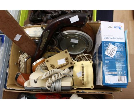 A box of clocks, telephones, slide rule, costume jewellery etc to include barometer and decorative pistols (1 box)