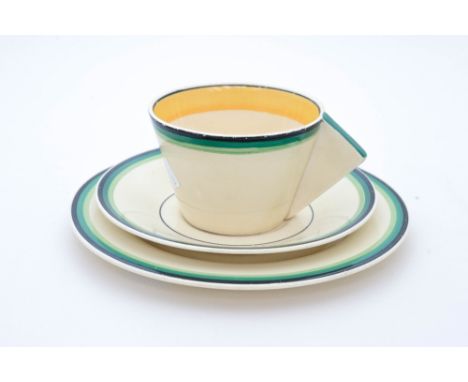 Clarice Cliff for Newport Pottery, a conical green banded tea trio, including cup, saucer and plate, Lawleys and Fantasque Bi