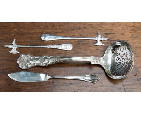 A Victorian silver Queens pattern sifter ladle, maker George M. Jackson, hallmark London 1894,a pair of halbard cocktail stic