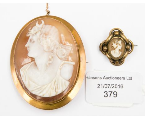 A 9 ct gold mounted oval cameo brooch depicting bust portrait and another cameo brooch 