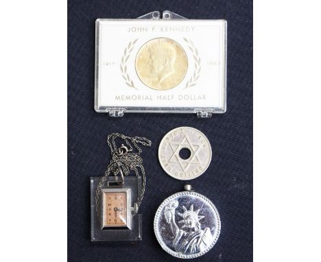 A c. late 1950s pendant watch, with an American novelty cigarette lighter and two coins (4)