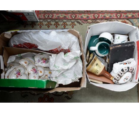 Three boxes of assorted ceramic items to include Crown Derby, Denby, Murano style glass fish, Denby coffee service (3)