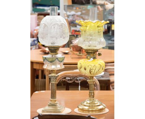 Sherwood's Birmingham Ltd, brass oil lamp, painted glass reservoir, glass shade together with a Hinks no.2 Duplex, with a yel
