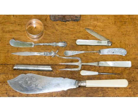A mother-of-pearl and silver bladed fruit knife, a Sheffield silver butter knife, fish serving knife, tooth pick holder, brea