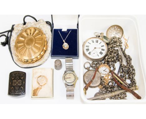 A silver pocket watch, white enamel dial, Roman numerals, plus a ladies' silver bright-cut fob watch, a 9 ct gold wristwatch 