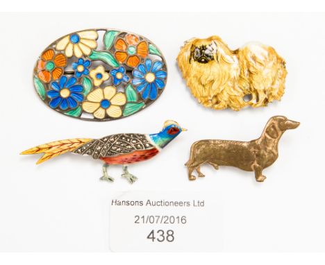Two Kennard dog brooches, with a white metal, enamel and marcasite pheasant brooch and a silver and enamel floral brooch