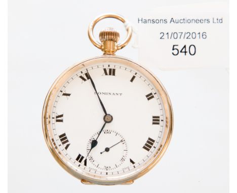 A 9 ct gold pocket watch, Dominant, white enamel dial, Roman numerals