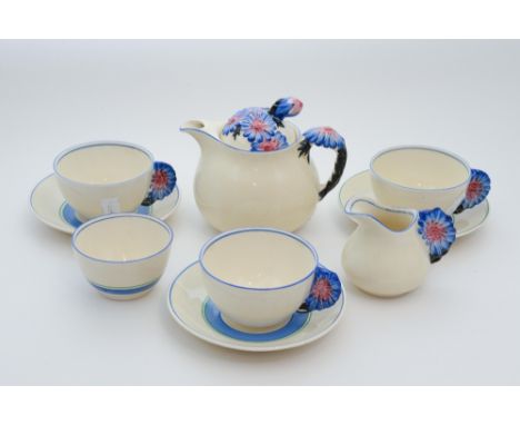 Clarice Cliff for Newport Pottery, a blue 'Marguerite' tea set, including teapot, cups and saucers, sugar and milk(9)